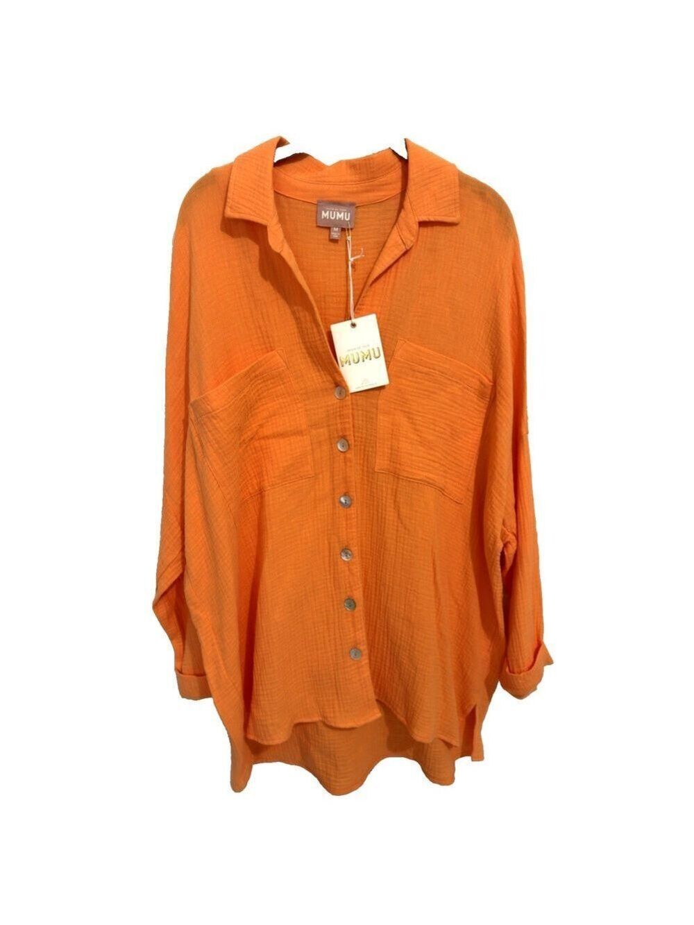 Show Me Your Mumu Johns Button Down Gauzy Cotton Shirt Bright Orange Oversized M